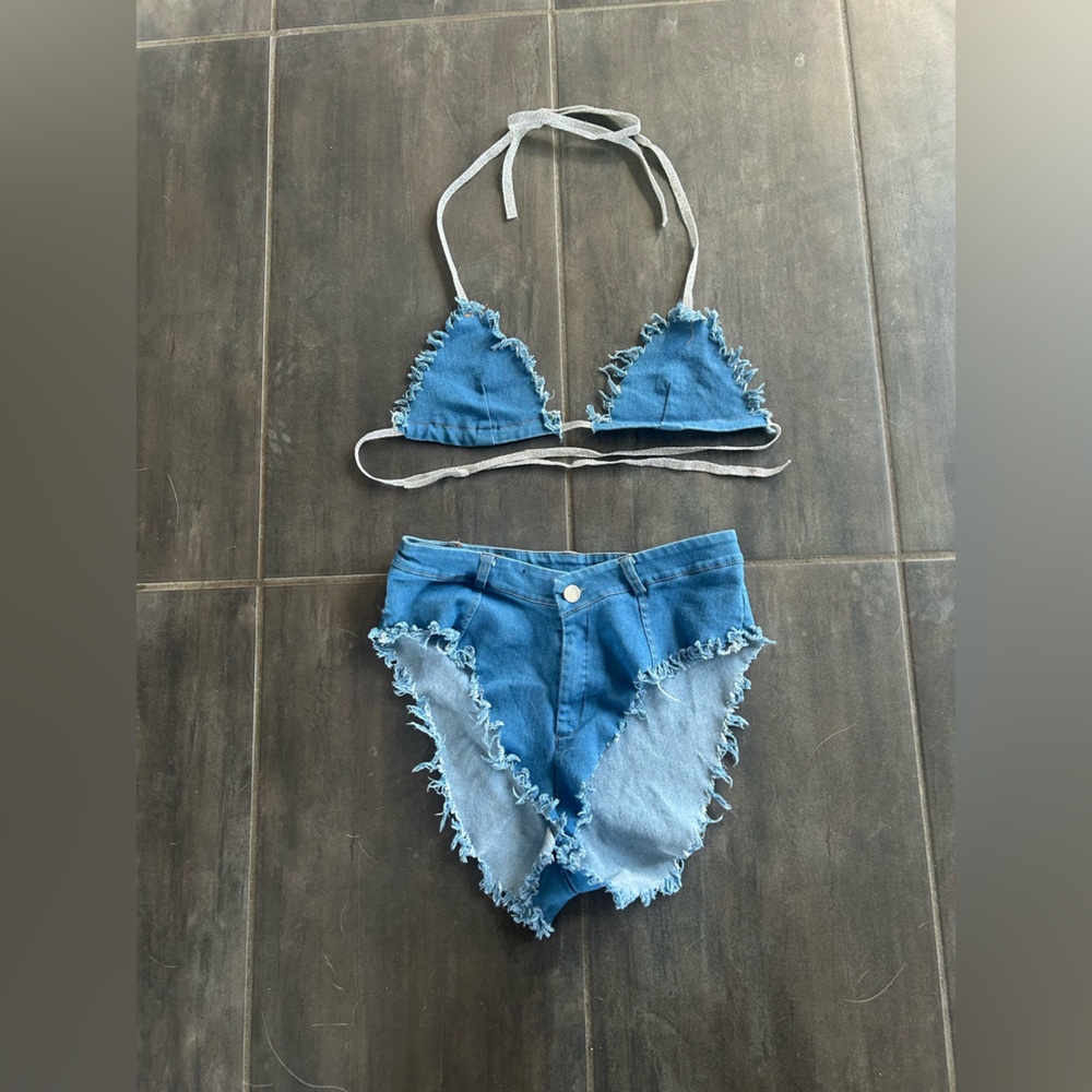 Blue Frayed Denim Bikini Set